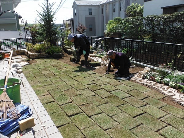 広い芝生と花壇のイングリッシュガーデン 施工中の様子